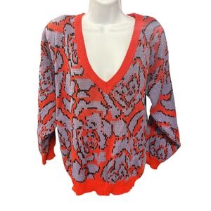Vintage IVY Abstract Rose Pattern Knit Sweater V-Neck Pullover‎ Medium